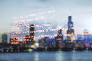 Poster - Multi exposure of abstract programming language hologram on blurry office buildings background, artificial intelligence and machine learning concept