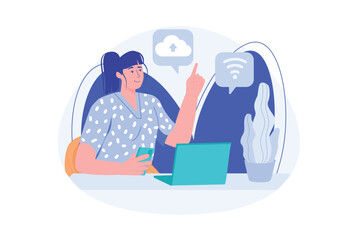 Aufkleber - Blue concept Cloud service with people scene in the flat cartoon style. Internet specialist works with cloud services. Vector illustration.