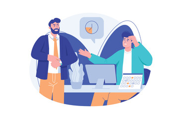 Aufkleber - Deadline blue concept with people scene in the flat cartoon style. Director reminds the employee that tasks must be completed on time. Vector illustration.