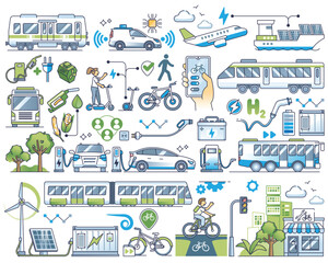 Sustainable transportation or environmental power type outline collection set. Elements with green electricity powered vehicle, aviation and public transport as smart alternative vector illustration.