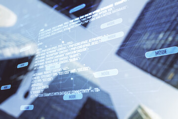 Poster - Abstract virtual coding illustration on modern architecture background, software development concept. Multiexposure