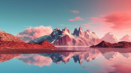 A mountain range is reflected in a lake, in the style of swiss style, light red and sky - blue,  natural symbolism. Generative ai.