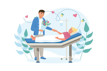 Wall Mural - Medicine concept Hospital visitors with people scene in the flat cartoon design. A man came with a bouquet of flowers to visit his wife in the hospital. Vector illustration.