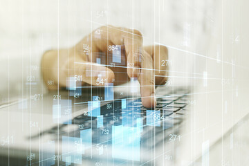 Poster - Multi exposure of abstract graphic data spreadsheet sketch with hands typing on computer keyboard on background, analytics and analysis concept