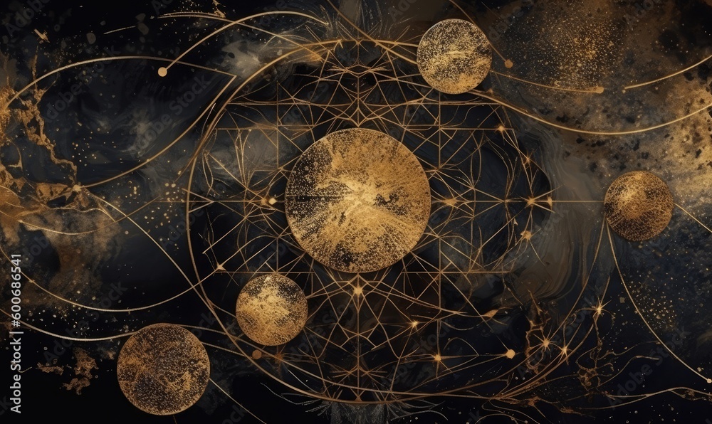 Abstract cosmic background with gold metallic foil and marbled textures ...