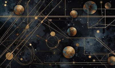 Wall Mural - Abstract cosmic background with gold metallic foil and marbled textures inlay, Sacred geometry with celestial motif, generative AI