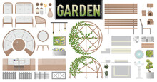 Garden Vector Set With Plan And Elevation Views Of Outdoor Furniture