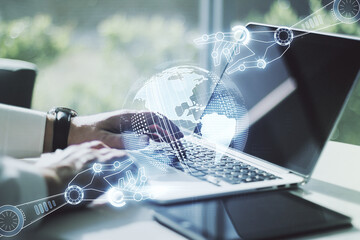 Aufkleber - Double exposure of robotics technology with world map hologram and hands typing on laptop on background. Research and development software concept