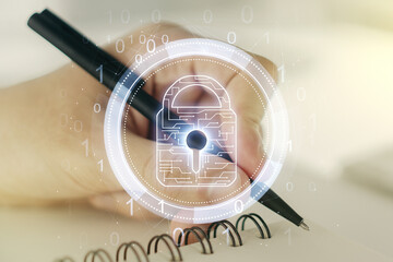 Poster - Creative lock illustration with microcircuit and man hand writing in diary on background, cyber security concept. Multiexposure