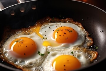 Wall Mural - delicious scrambled eggs from three eggs for breakfast in a frying pan, top view