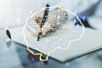 Aufkleber - Double exposure of creative human brain microcircuit with man hand writing in notepad on background. Future technology and AI concept