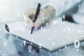 Poster - Creative concept of binary code illustration and man hand writing in notebook on background. Big data and coding concept. Multiexposure
