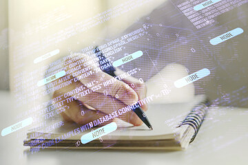 Aufkleber - Double exposure of abstract programming language with world map and man hand writing in notebook on background, research and development concept