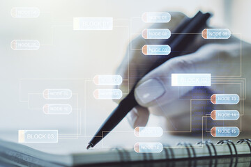 Poster - Multi exposure of abstract graphic coding sketch with man hand writing in diary on background, big data and networking concept