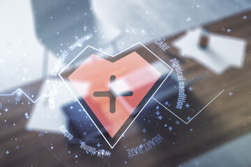 Poster - Creative abstract heart pulse hologram and modern desktop with pc on background, online medical consulting concept. Multiexposure