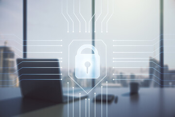 Aufkleber - Creative light lock illustration with microcircuit and modern desktop with pc on background, cyber security concept. Multiexposure