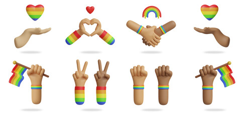 pride day 3D vector icon set.
hand holding heart,heart shaped hand,shack hand,hand holding flag,hand two thumbs,clenched fist hand