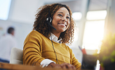african woman, call center agent or smile with voip for consulting, listening or contact us in offic