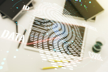 Poster - Double exposure of abstract creative fingerprint hologram and digital tablet on background, top view, research and development concept