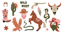 Wild West. Western Elements. American Cowgirl And Cowboy Portrait. Horse And Snake, Cactus In Desert, Rodeo Boots, Gun And Cow Scull. Contemporary Art Vector Cartoon Flat Isolated Set