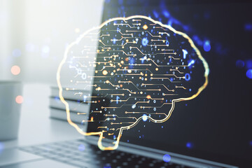 Poster - Double exposure of creative artificial Intelligence symbol with modern laptop on background. Neural networks and machine learning concept
