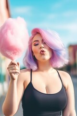 Young woman with pink colored hair walking on the street eating cotton candy. Generative AI