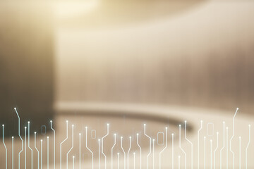 Aufkleber - Abstract virtual micro circuit sketch on empty room interior background, future technology and AI concept. Double exposure
