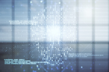 Poster - Abstract virtual code skull hologram on modern interior background, cybercrime and hacking concept. Multiexposure
