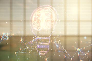 Aufkleber - Abstract virtual idea concept with light bulb and human brain illustration on empty corporate office background. Neural networks and machine learning concept. Multiexposure
