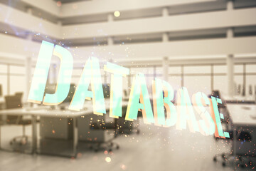 Poster - Double exposure of Database word sign on a modern furnished office background, global research and analytics concept