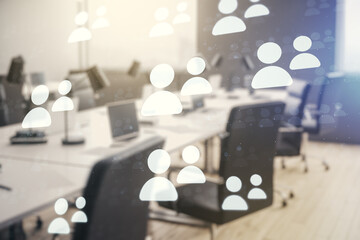 Aufkleber - Double exposure of social network icons hologram on a modern furnished office interior background. Networking concept