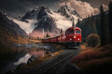 Red Train Around The Beautiful Mountains