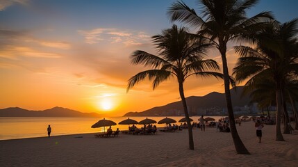 Wall Mural - beach at sunset time with coconut tree and parasol beach bed, Generative Ai