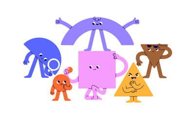 Poster - Cute geometric shapes team. Geometry figures with faces. Funny childish characters, humanoid elements. Abstract society community concept. Flat graphic vector illustration isolated on white background