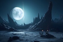 3d Rendering,Alien Planet With Large Dead Planet In The Sky At Night, 3d Illustration , .highly Detailed,   Cinematic Shot   Photo Taken By Sony   Incredibly Detailed, Sharpen Details   Highly Realist