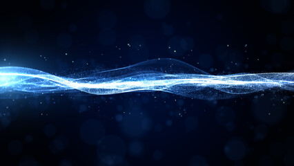 Digital cyberspace futuristic, Blue color particles wave flowing with lines and dots connection, Abstract background 3d Rendering