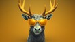 © vadymstock - Reindeer with large strong horns and sunglasses. AI generative.