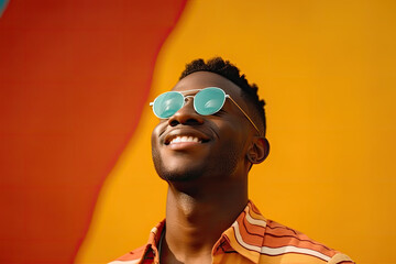 close up portrait of a smiling young african american man wearing sunglasses over orange background.