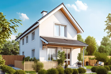 Wall Mural - Illustration of modern detached house with beautiful garden as city real estate photography (Generative AI)