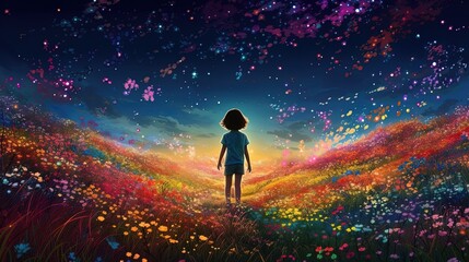 illustration of a girl standing in flower field under starfield sky, idea for hope and faith, Generative Ai