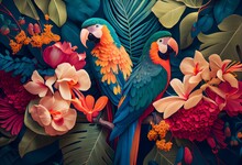 Colorful Tropical Design With Parrots And Flowers , .highly Detailed,   Cinematic Shot   Photo Taken By Sony   Incredibly Detailed, Sharpen Details   Highly Realistic   Professional Photography Lighti
