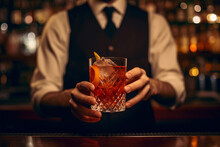 A Bartender Holding A Negroni Sbagliato Cocktail In Front Of A Bar Counter AI Generation