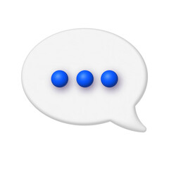 Communication Chat 3D Icon. White speech bubble with three blue dots. png illustration.