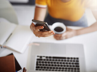 Aufkleber - Hands, searching on smartphone with laptop, coffee and work in home office or shopping, browsing and mobile communication. Closeup, woman and social media, internet or online, work or ecommerce
