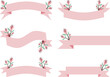 set of pink ribbons with flowers and leafs vector illustration design