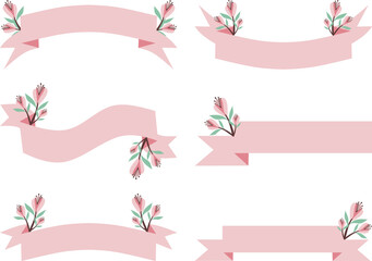 set of pink ribbons with flowers and leafs vector illustration design