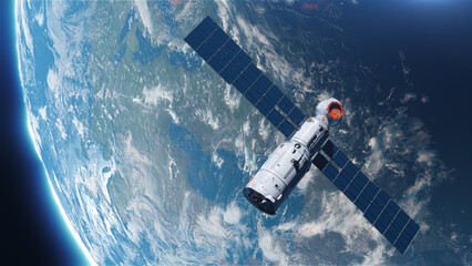 Wall Mural - illustration with an artificial satellite in orbit around the earth on the theme of space industry t