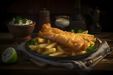 Watercolor Painting Of Classic British Dish - Fish And Chips , .highly Detailed,   Cinematic Shot   Photo Taken By Sony   Incredibly Detailed, Sharpen Details   Highly Realistic   Professional Photogr