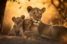 Lioness Her Cubs Sunset. Generate Ai