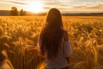 Wall Mural - Woman with long hair in ripe wheat field planning harvest activity gold sunrise. AI generative